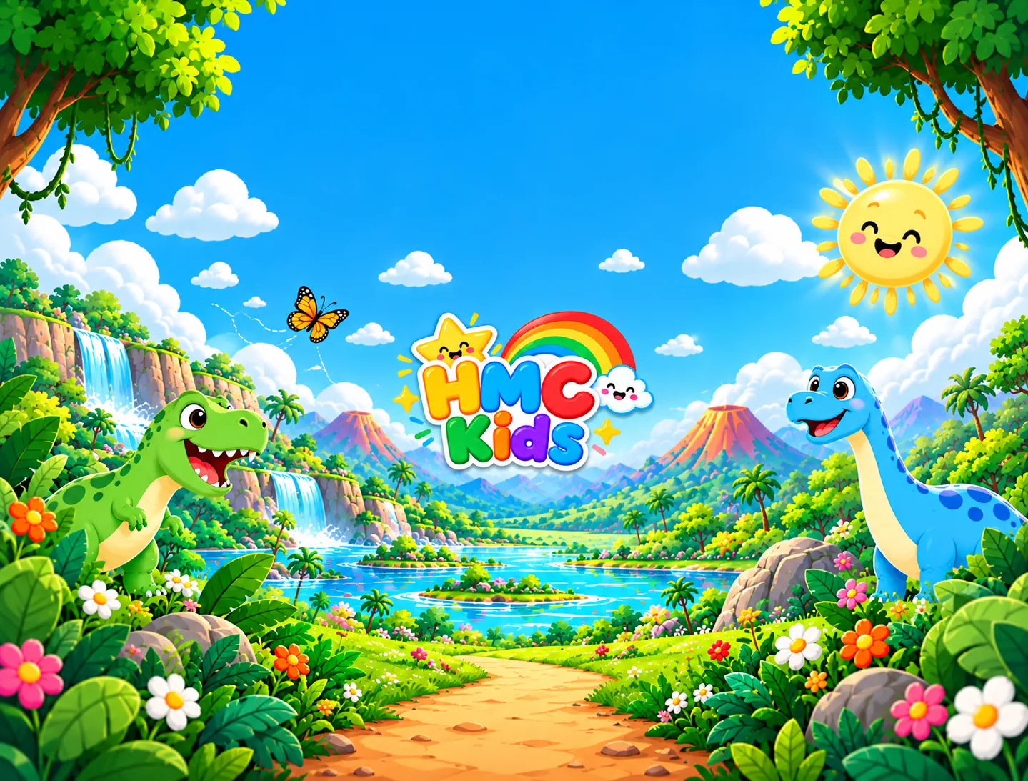 A colourful dinosaur valley with a friendly green T-rex, blue long-neck dinosaur, rainbow, waterfall and smiling sun